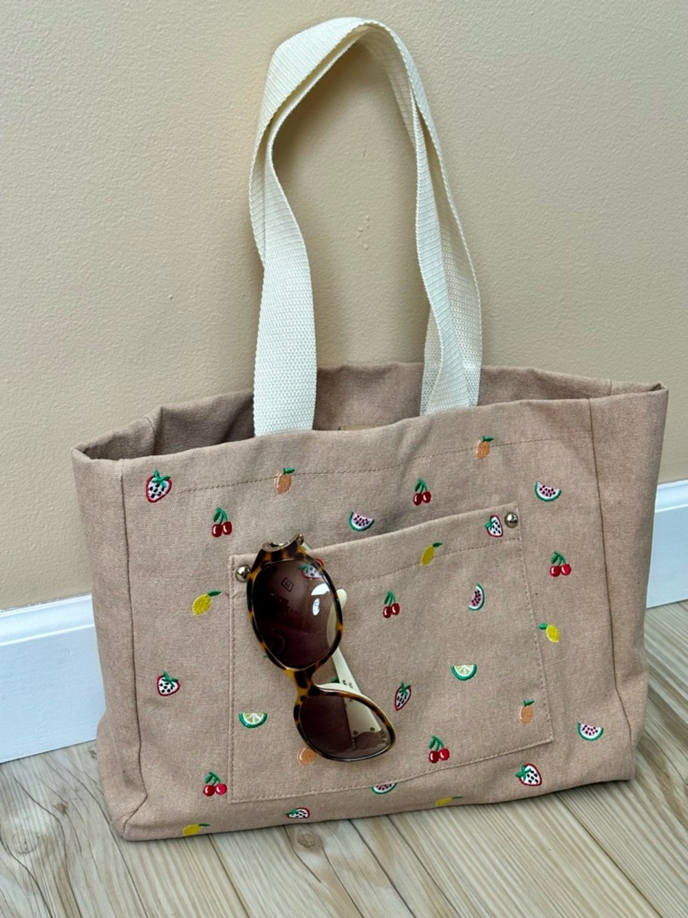 wild fable Tan Canvas Tote with Cream Handles and Fruit Embroidery